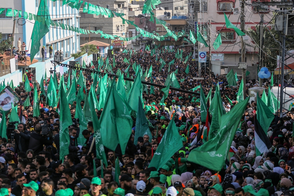 Hamas supporters protesting Israeli incursions into the Al-Aqsa Mosque campus